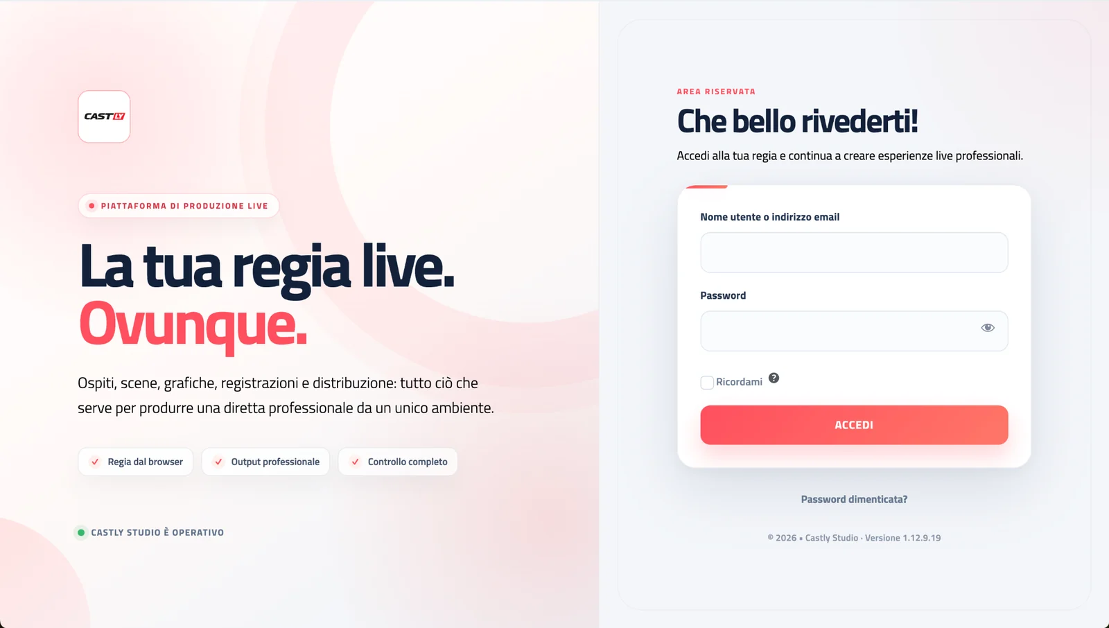 Schermata di accesso Castly Studio