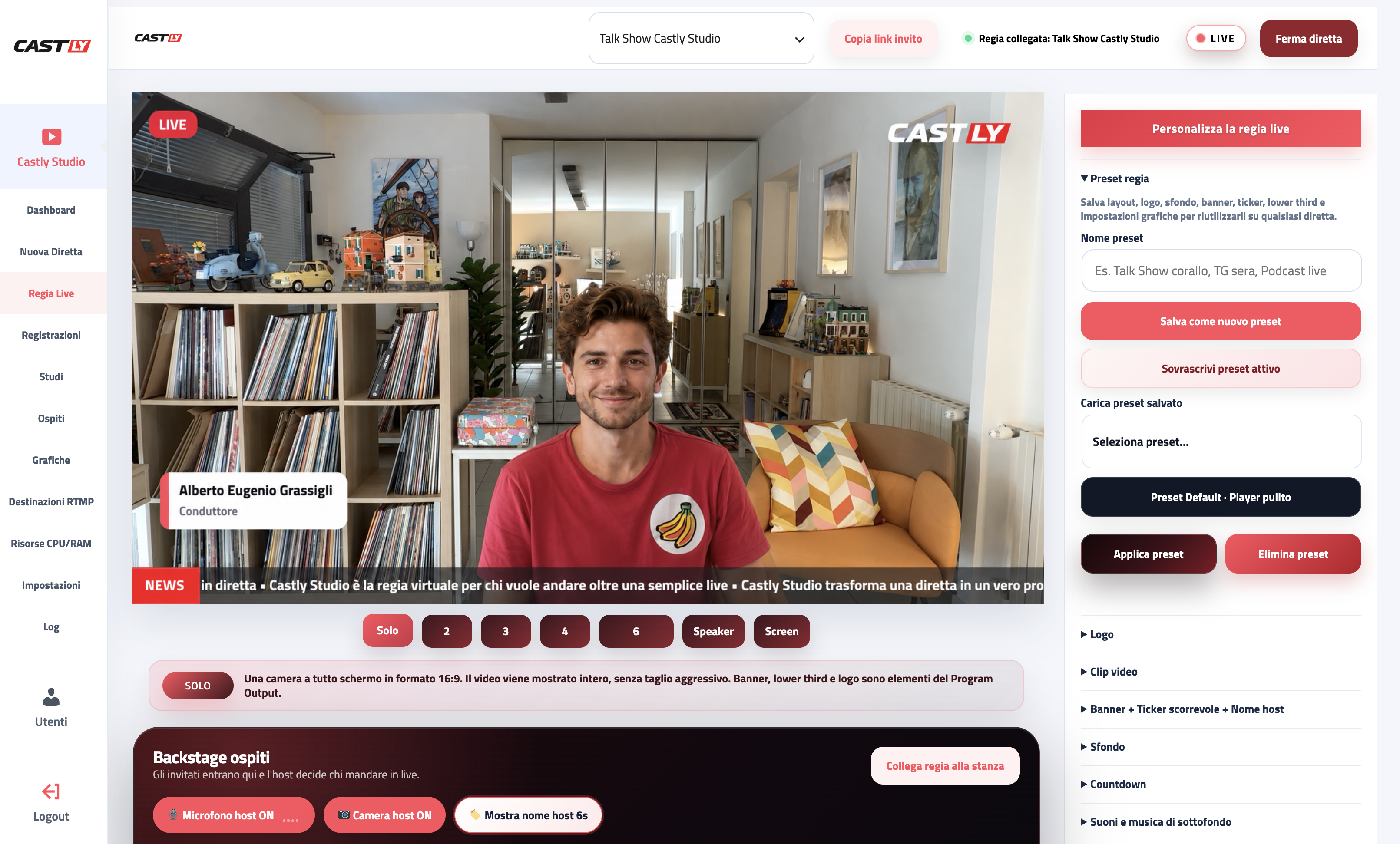 Interfaccia della regia live Castly Studio con Program Output e strumenti di produzione